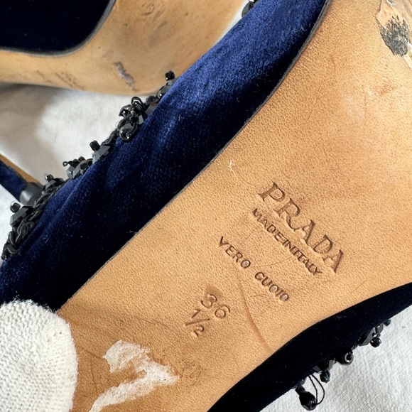 PRADA Navy Blue Velvet Faux Stone Embroidered Heels Sandals 36.5 - 6.5US - Picture 12 of 12
